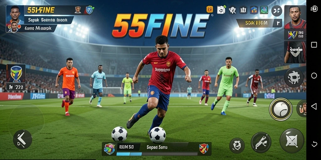 Tangkapan layar game 55FIVE menampilkan aksi seru sepak bola.