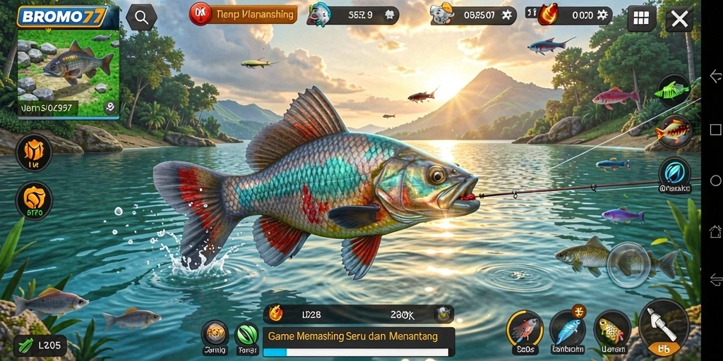 Tampilan gameplay BROMO77 yang menarik saat memancing di lokasi indah.