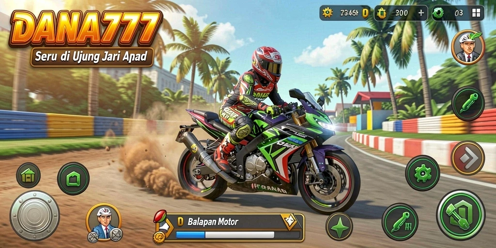 Tampilan gameplay DANA777 dalam balapan motor yang intens.