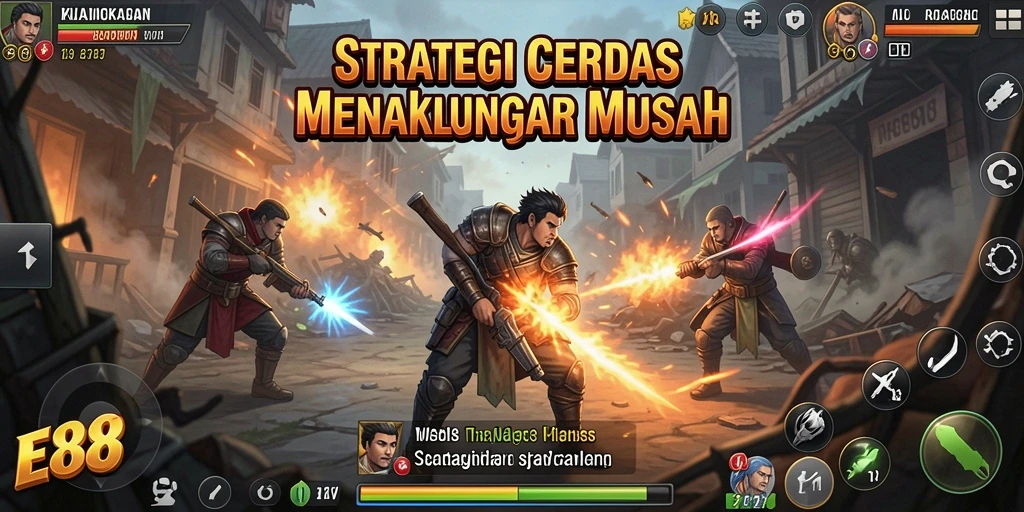 Screenshot utama E88 menampilkan pertempuran yang intens dan strategi yang dinamis.