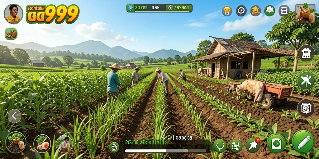 Tampilan gameplay seru dalam GG999 saat mengelola kebun dan merawat tanaman.