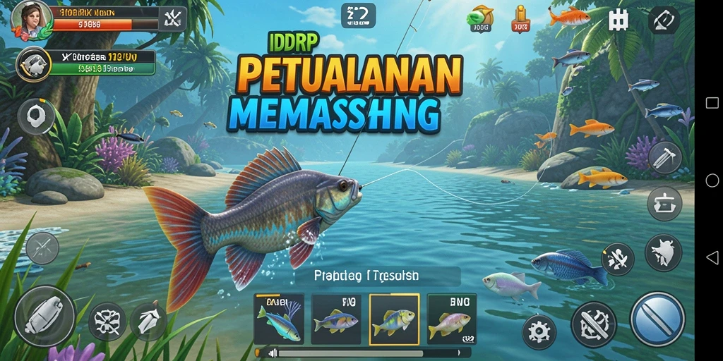 Tampilan gameplay menarik di IDRRP menampilkan pemandangan memancing yang indah.