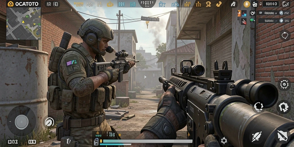 Gameplay seru OCATOTO dengan grafis menawan dan aksi tembak-menembak.