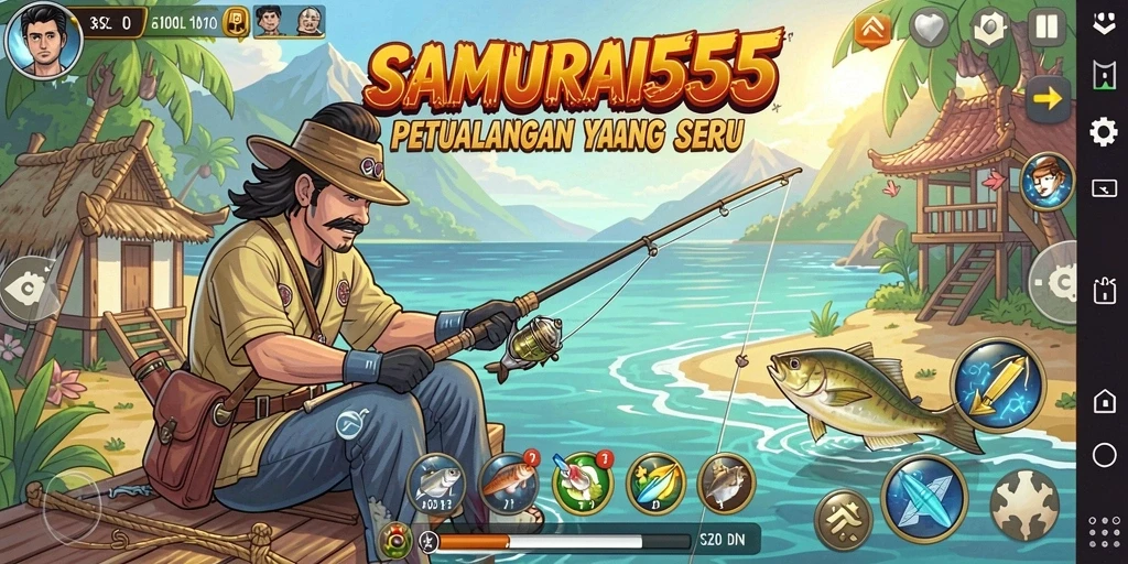 Screenshot utama SAMURAI555 menampilkan gameplay memancing yang mendebarkan.